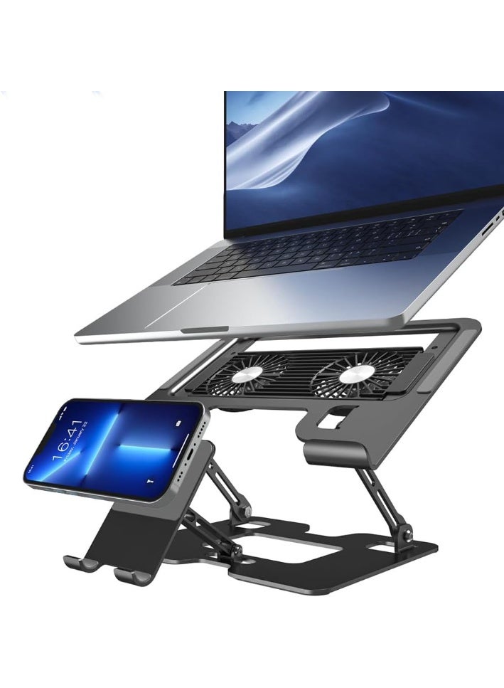 Foldable Laptop Stand with Dual Cooling Fans, Phone Holder & 180° Adjustable Rotation