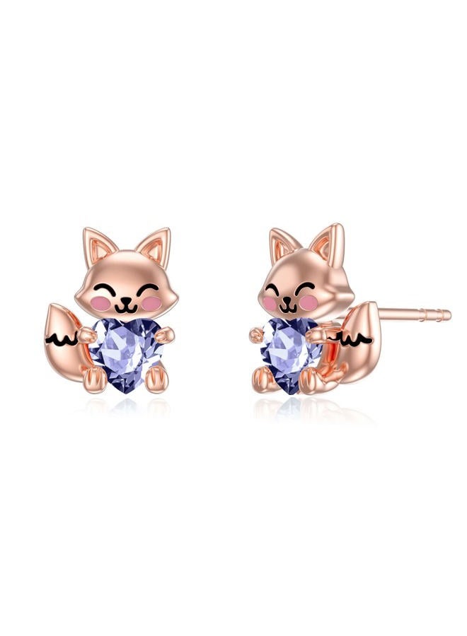 LONAGO Fox Earrings for Women 925 Sterling Silver Cute Fox Holding Heart Stud Earrings (June) - Image 1
