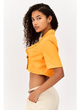 Unique21 Women Regular Fit Solid Short Sleeve Crop Blazer, Orange  - Image 2