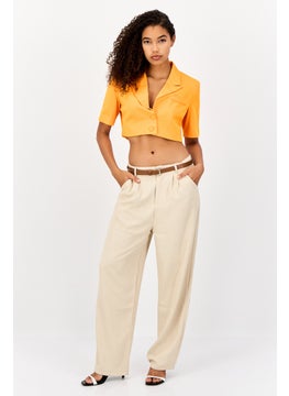 Unique21 Women Regular Fit Solid Short Sleeve Crop Blazer, Orange  - Image 3