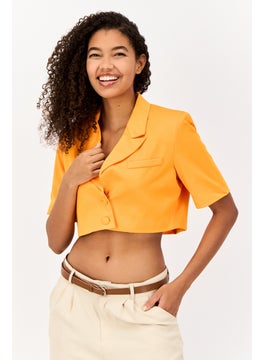 Unique21 Women Regular Fit Solid Short Sleeve Crop Blazer, Orange  - Image 1