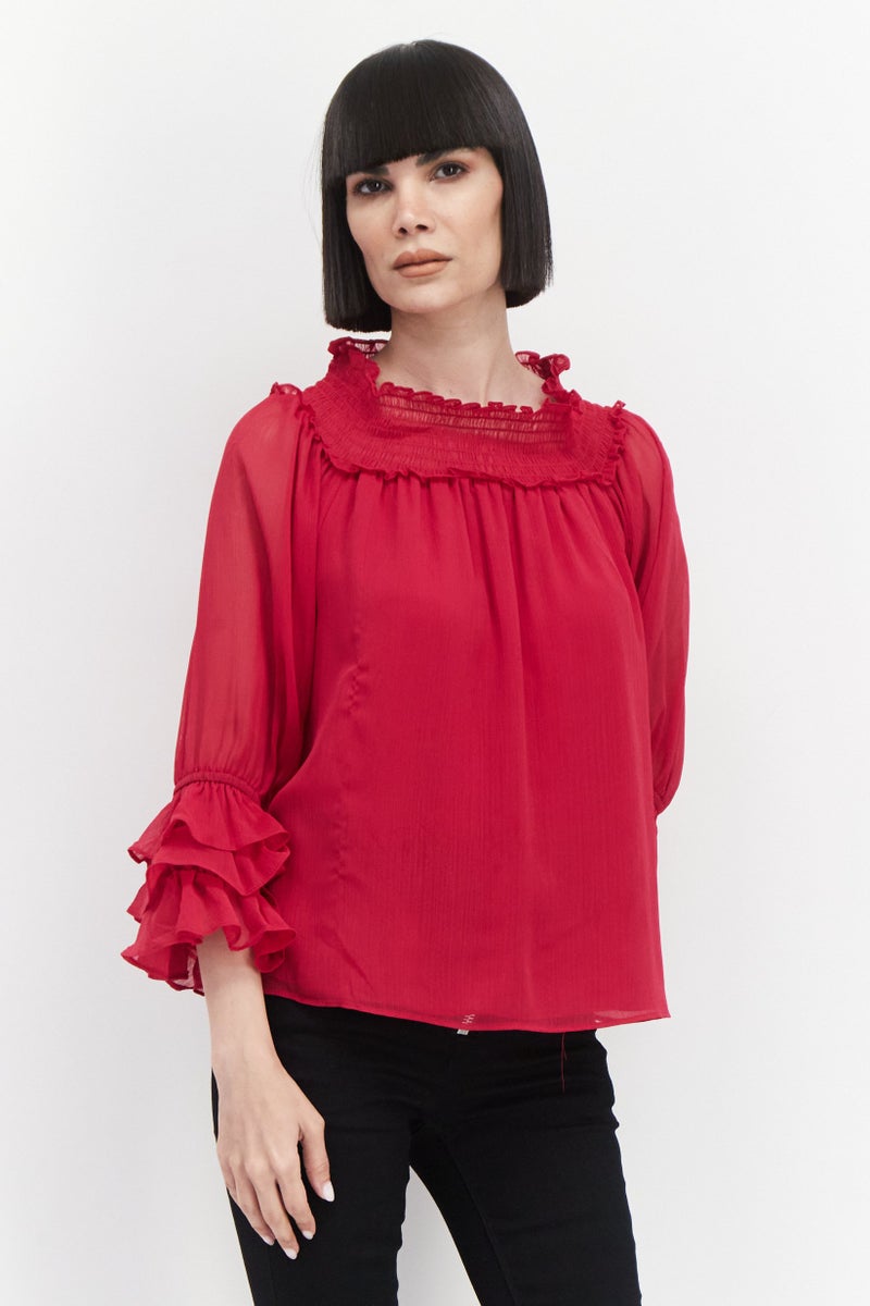 CeCe Women Ruffle Collar Long Sleeves Plain Top, Pink - Image 1