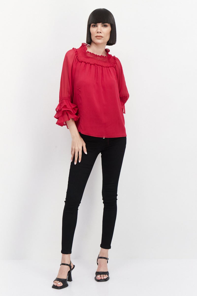 CeCe Women Ruffle Collar Long Sleeves Plain Top, Pink - Image 3