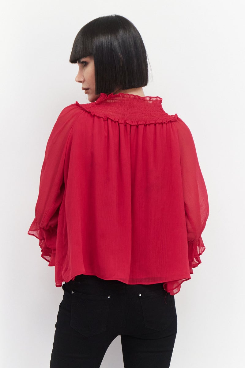 CeCe Women Ruffle Collar Long Sleeves Plain Top, Pink - Image 2