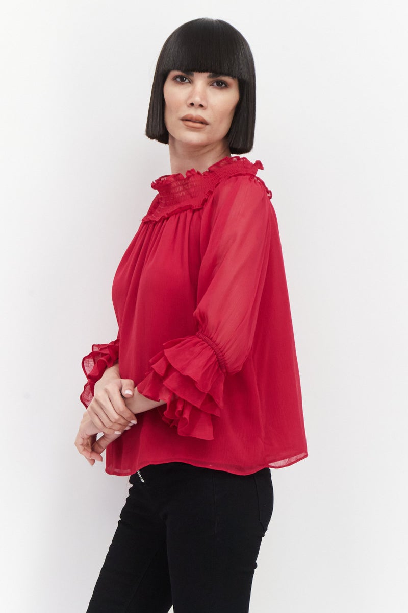 CeCe Women Ruffle Collar Long Sleeves Plain Top, Pink - Image 4