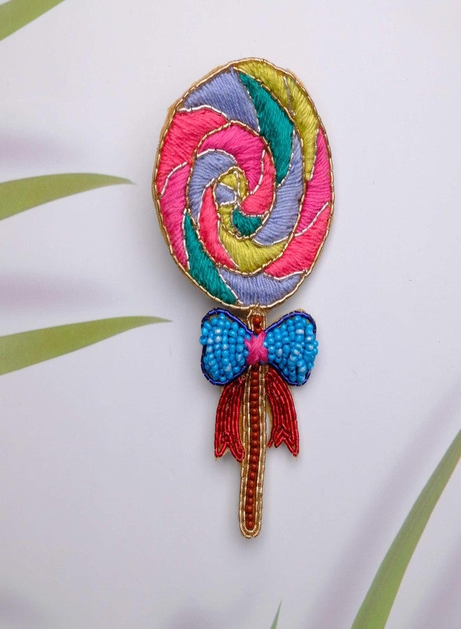 Abeo Handcrafted Lollipop Design Brooch, Pink Blue Green Embroidered Thread, 2-2.5 Inches, Traditional Mughal Art Style, for Saree Dress Tops Backpack - Image 3
