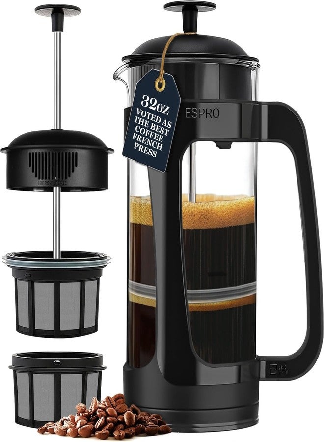 ESPRO Light P3 French Press Coffee Maker – Patented Double Micro-Filter for Grit-Free Brew, Heat Resistant thicker Borosilicate Glass Coffee press – (Black, 32 oz) - Image 1