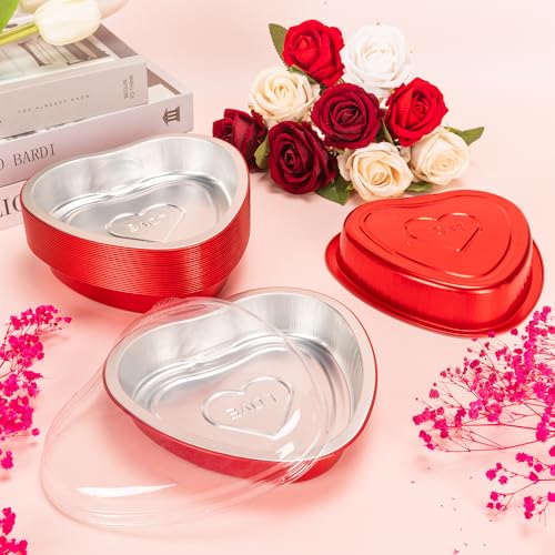 Yeload 12 Pack 8 Inch Heart Cake Pans with Lids, 23oz Large Disposable Foil Pans for Valentine's & Mother's Day, Aluminum Cake Pans, Valentine's Day Baking Kit (Red) - Image 2