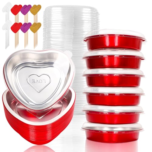Yeload 12 Pack 8 Inch Heart Cake Pans with Lids, 23oz Large Disposable Foil Pans for Valentine's & Mother's Day, Aluminum Cake Pans, Valentine's Day Baking Kit (Red) - Image 1