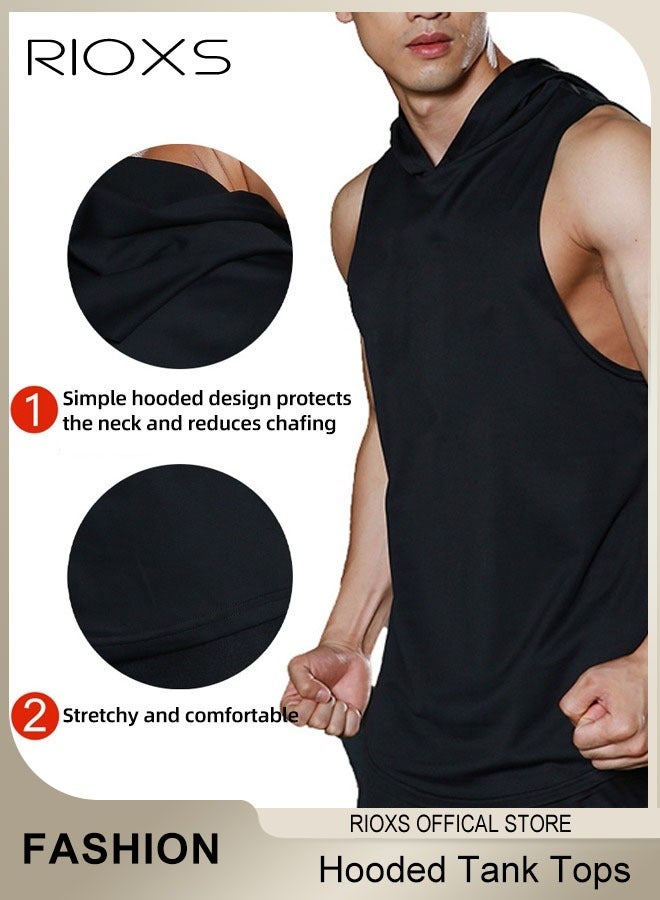 RIOXS Men's T-Shirt, Workout Hooded Tank Tops, Sports Training Sleeveless Shirts For Men, Gym Hoodies Bodybuilding Muscle Cut Off T-Shirts, Comfy Lightweight Mens Tops, Black Fitness Exercise Beaters Tops For Men  - Image 5