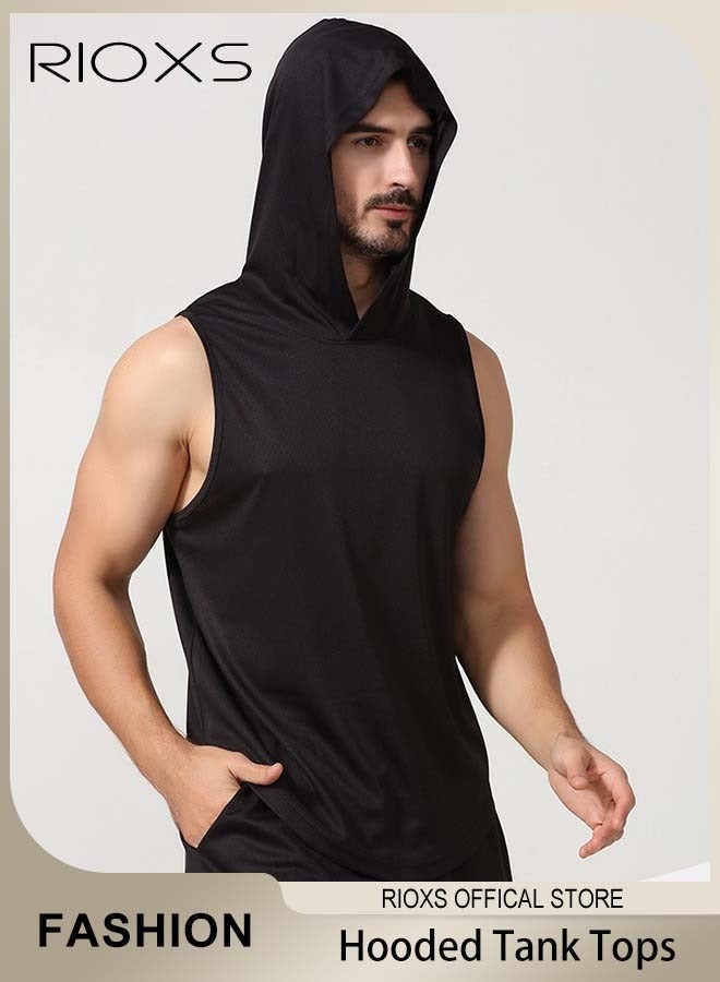 RIOXS Men's T-Shirt, Workout Hooded Tank Tops, Sports Training Sleeveless Shirts For Men, Gym Hoodies Bodybuilding Muscle Cut Off T-Shirts, Comfy Lightweight Mens Tops, Black Fitness Exercise Beaters Tops For Men  - Image 1