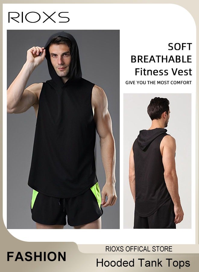 RIOXS Men's T-Shirt, Workout Hooded Tank Tops, Sports Training Sleeveless Shirts For Men, Gym Hoodies Bodybuilding Muscle Cut Off T-Shirts, Comfy Lightweight Mens Tops, Black Fitness Exercise Beaters Tops For Men  - Image 3