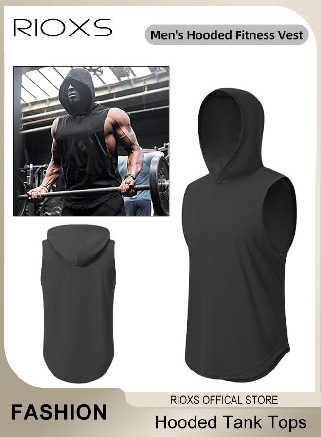 RIOXS Men's T-Shirt, Workout Hooded Tank Tops, Sports Training Sleeveless Shirts For Men, Gym Hoodies Bodybuilding Muscle Cut Off T-Shirts, Comfy Lightweight Mens Tops, Black Fitness Exercise Beaters Tops For Men  - Image 2