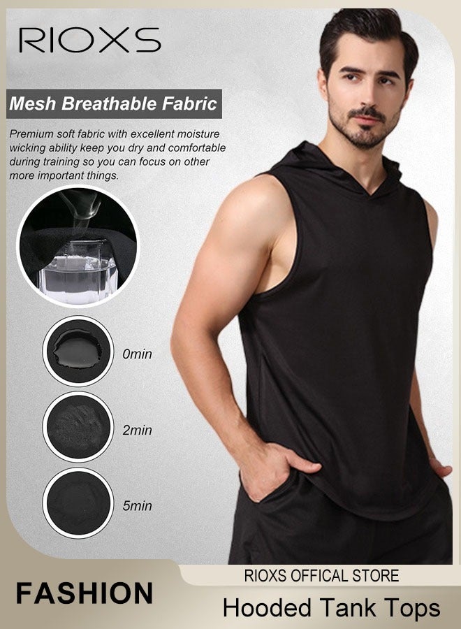 RIOXS Men's T-Shirt, Workout Hooded Tank Tops, Sports Training Sleeveless Shirts For Men, Gym Hoodies Bodybuilding Muscle Cut Off T-Shirts, Comfy Lightweight Mens Tops, Black Fitness Exercise Beaters Tops For Men  - Image 4