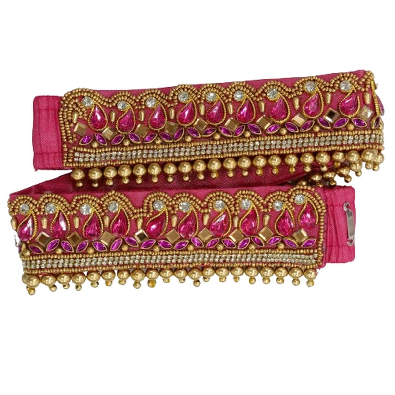 VAMA FASHIONS Adjustable Pink Crystal Stone Stretchable Embroidery Aari Maggam Work Cloth Kamarband Hip belt Body Jewellery waist beltl vadanam for girls & Women - Image 3