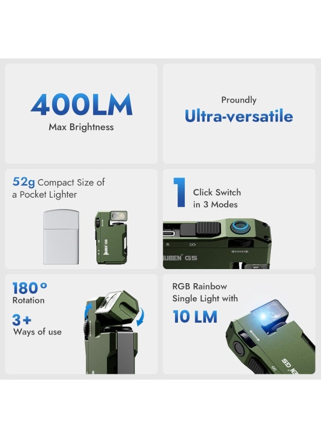 WUBEN G5 Flashlight Rechargeable Torch Light, 400 Lumens Super Bright Keychain Flashlight with RGB light, EDC Mini Magnetic Keychain Pocket Torch, Lightweight Camping Torch for Outdoor Home (Green) - Image 3