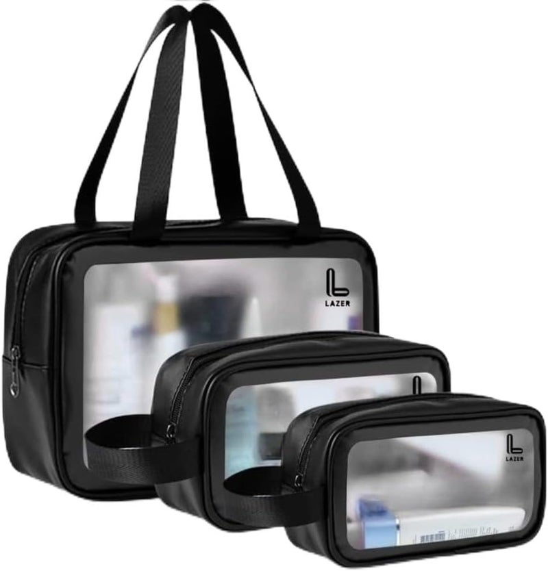 LAZER Makeup Travel Pouch, Cosmetic Bag, Travel kit Pouch for Toiletries, Brushes and Cosmetics - Set of 3 - Washbag Pouch - Black - Image 1