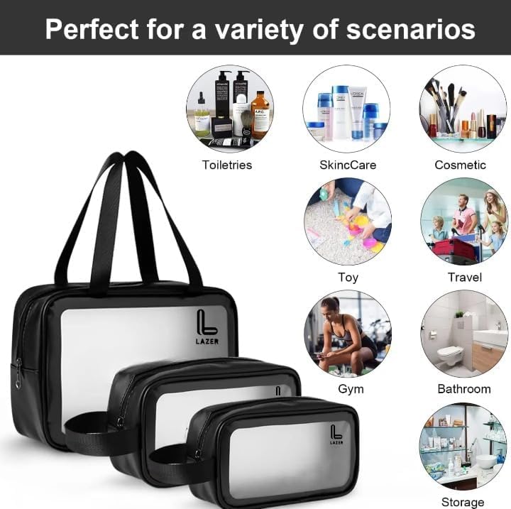 LAZER Makeup Travel Pouch, Cosmetic Bag, Travel kit Pouch for Toiletries, Brushes and Cosmetics - Set of 3 - Washbag Pouch - Black - Image 4