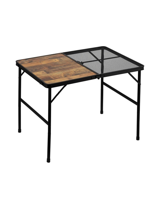 لوازم طاولة نزهة قابلة للطي بارتفاع قابل للتعديل - 90×60 سم - طاولة شواء بسطحين أحدهما بتصميم خشبي والآخر شبكي، مع هيكل من الألمنيوم ومقبض حمل - مناسبة للشواء، التخييم، أو الطهي في الهواء الطلق - Image 2