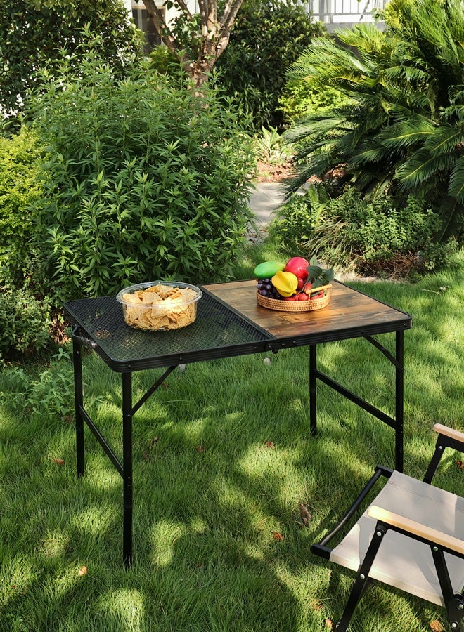 لوازم طاولة نزهة قابلة للطي بارتفاع قابل للتعديل - 90×60 سم - طاولة شواء بسطحين أحدهما بتصميم خشبي والآخر شبكي، مع هيكل من الألمنيوم ومقبض حمل - مناسبة للشواء، التخييم، أو الطهي في الهواء الطلق - Image 1