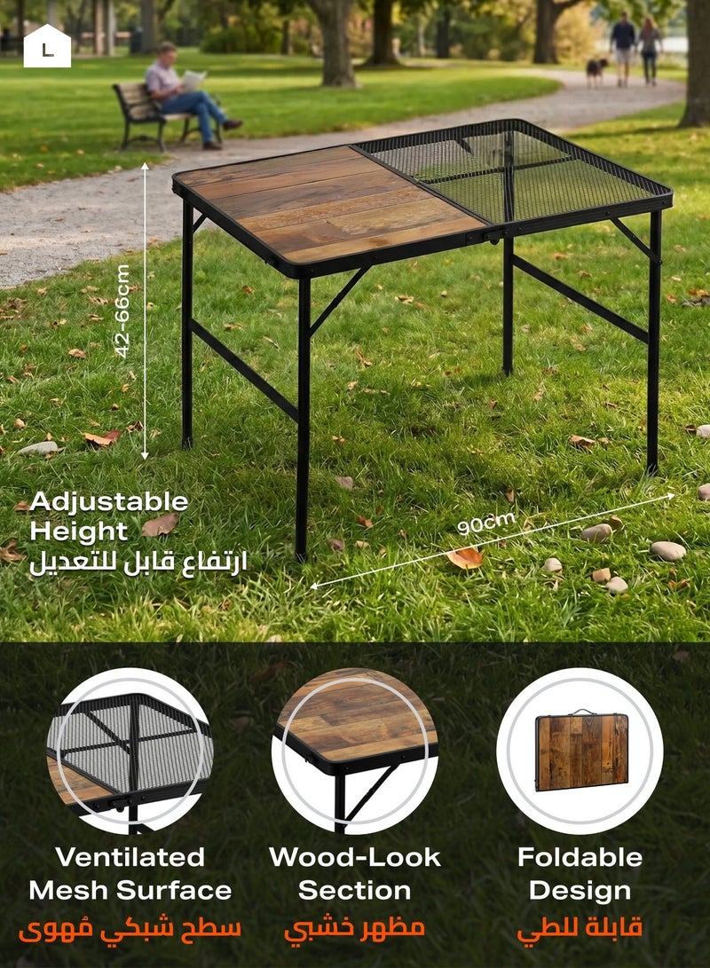 LAWAZIM Folding Picnic Table With Adjustable Height - 90x60cm - Dual Surface Grill Table with Wood-Style and Mesh Top, Aluminum Frame, Carry Handle - For BBQ, Camping, Tailgating, or Outdoor Cooking - Image 1