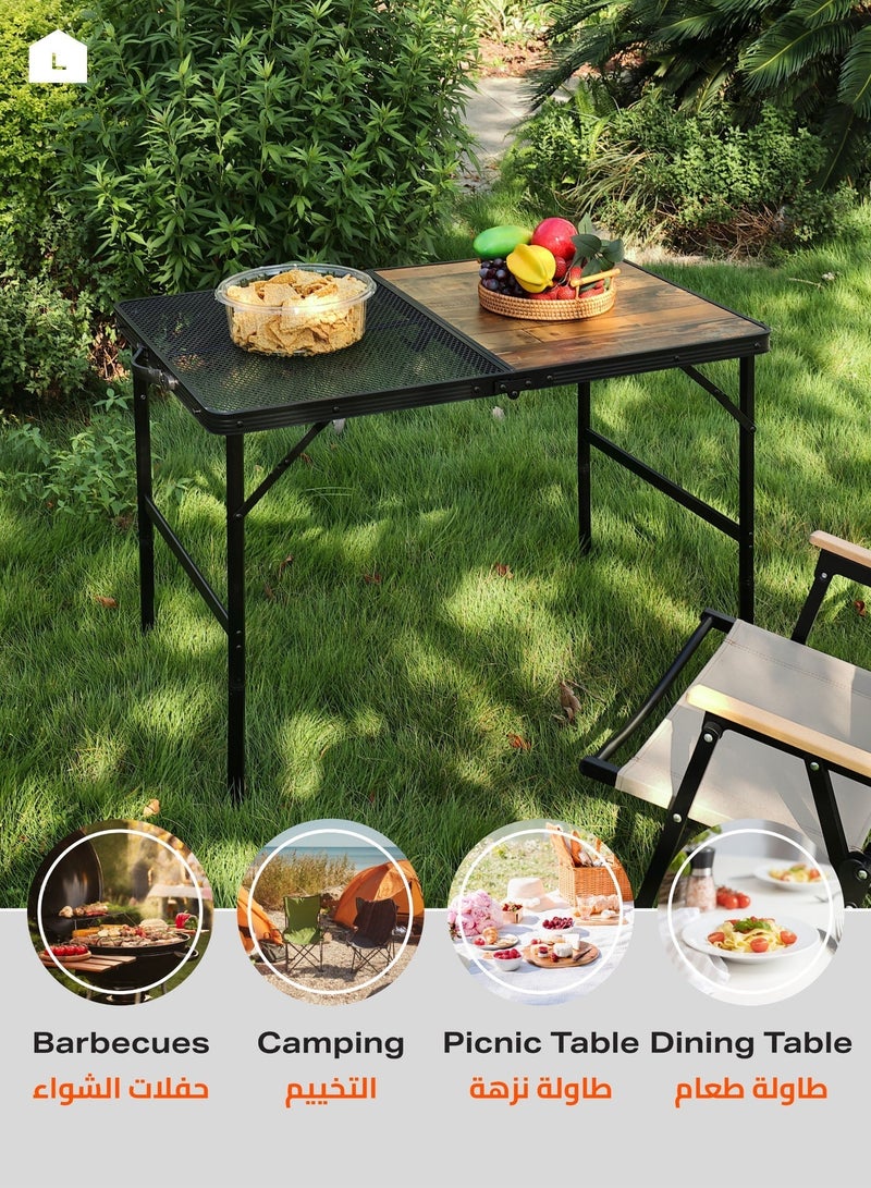 LAWAZIM Folding Picnic Table With Adjustable Height - 90x60cm - Dual Surface Grill Table with Wood-Style and Mesh Top, Aluminum Frame, Carry Handle - For BBQ, Camping, Tailgating, or Outdoor Cooking - Image 4