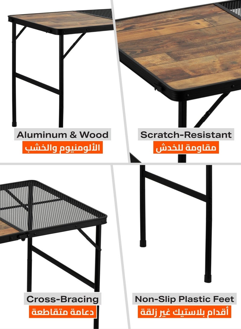 LAWAZIM Folding Picnic Table With Adjustable Height - 90x60cm - Dual Surface Grill Table with Wood-Style and Mesh Top, Aluminum Frame, Carry Handle - For BBQ, Camping, Tailgating, or Outdoor Cooking - Image 3