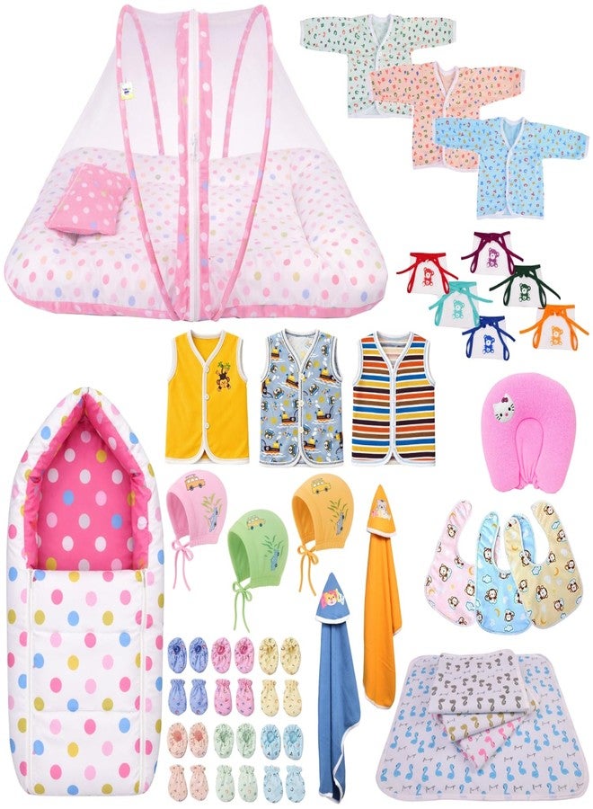 Kwitchy Newborn Baby Essentials Kit 39 Items Combo for 0-6 Months with Baby Bed, Mosquito Net, Clothes, Bedding, Nappies, Caps, Mittens, Booties and Blankets (Pink) - Image 1