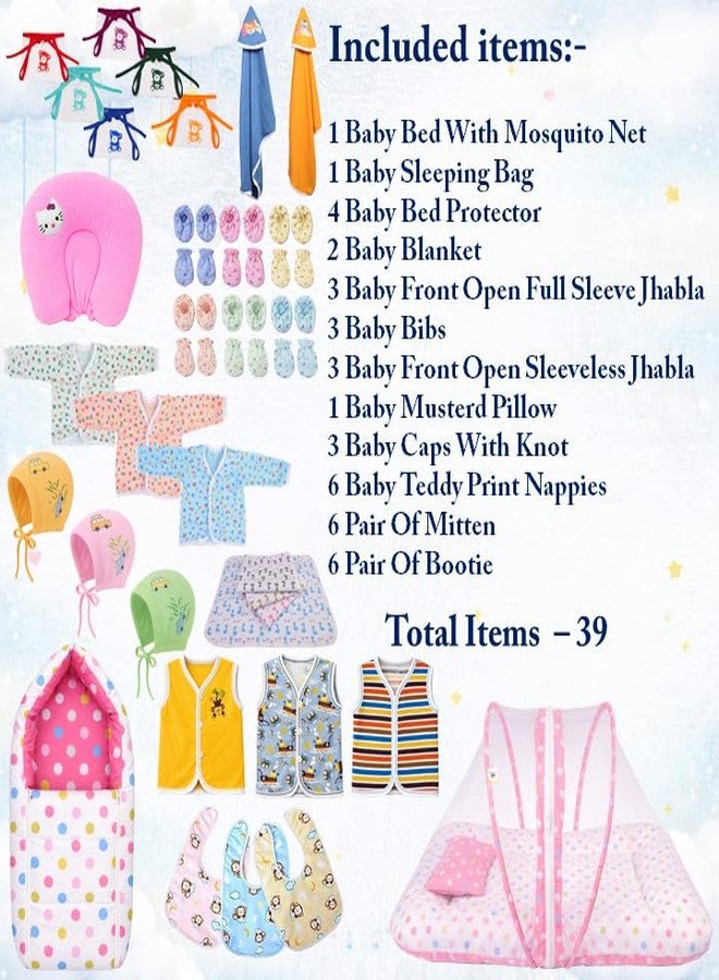 Kwitchy Newborn Baby Essentials Kit 39 Items Combo for 0-6 Months with Baby Bed, Mosquito Net, Clothes, Bedding, Nappies, Caps, Mittens, Booties and Blankets (Pink) - Image 3