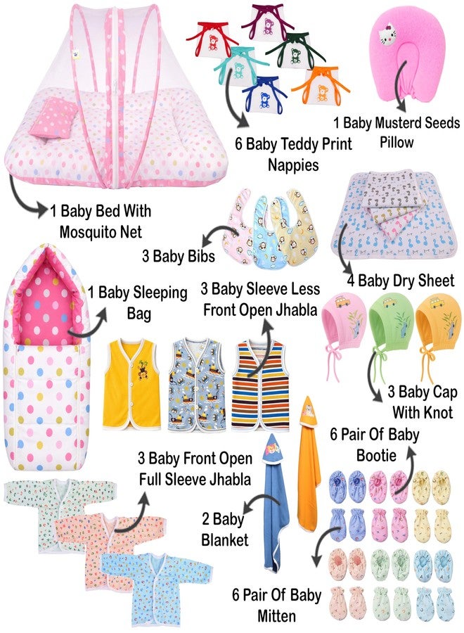 Kwitchy Newborn Baby Essentials Kit 39 Items Combo for 0-6 Months with Baby Bed, Mosquito Net, Clothes, Bedding, Nappies, Caps, Mittens, Booties and Blankets (Pink) - Image 2