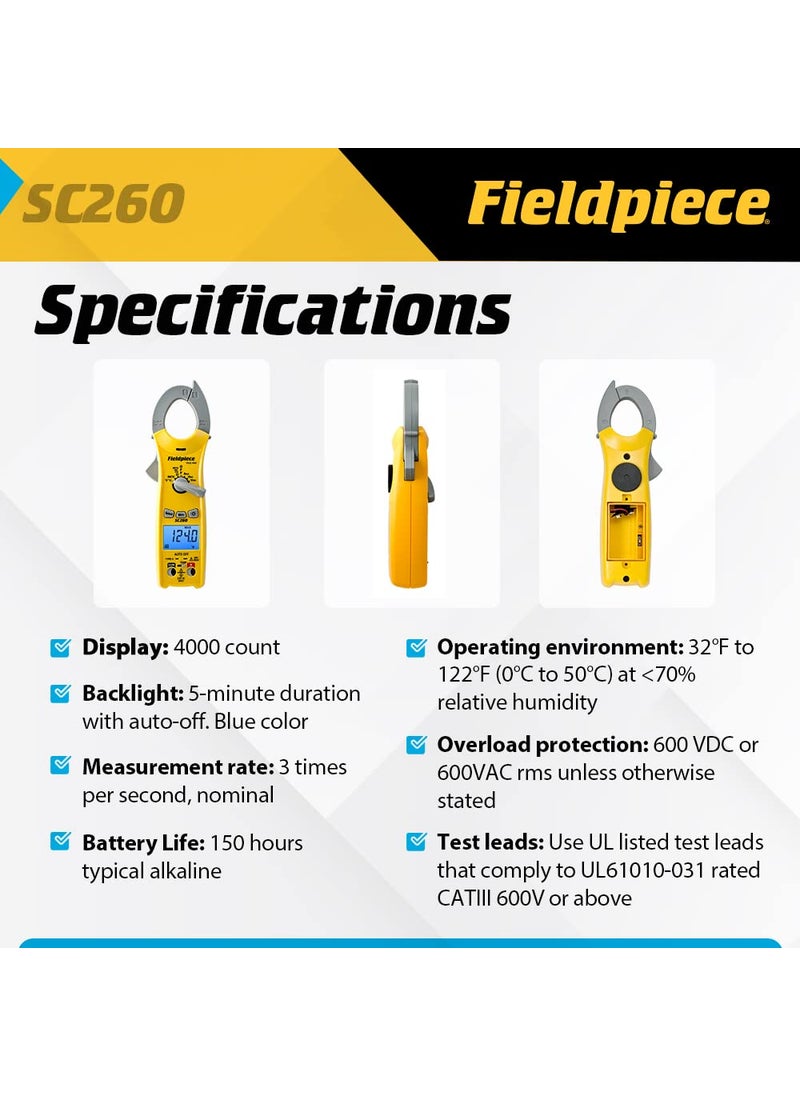 Fieldpiece Fieldpiece Compact HVACR Clamp Multimeter SC260 – True RMS Clamp Meter with Temperature, Capacitance & Backlight  - Image 3