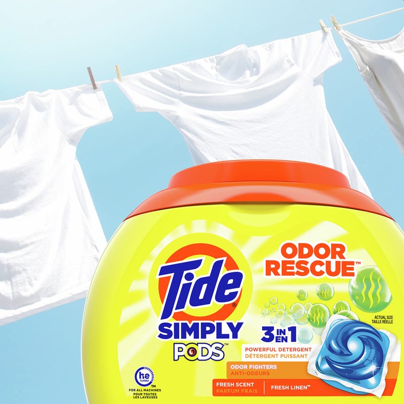 Tide Simply Pods Odor Rescue Liquid Laundry Detergent Pacs, 3 in 1 Powerful Detergent, Fresh Scent, 55 Count - Image 2