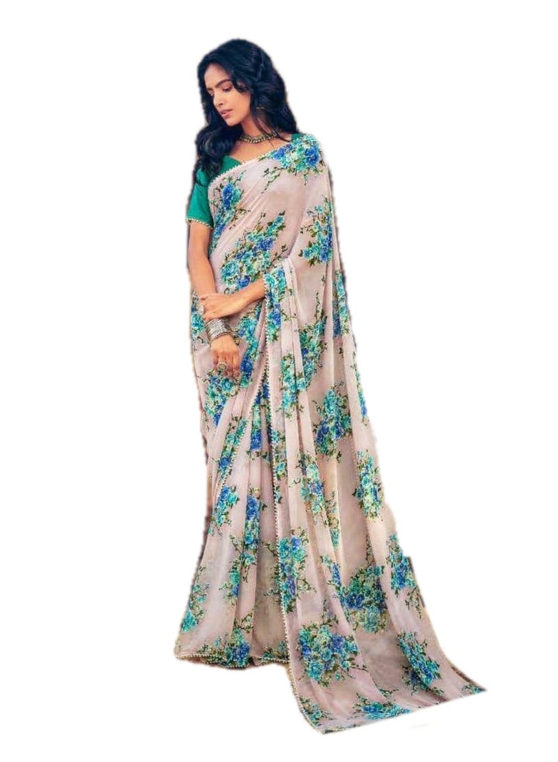 Grab Mantra Light Beige Cream Base Color With Blue Green Floral Print Saree Plus Unstitched Blouse  - Image 1