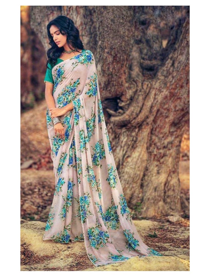 Grab Mantra Light Beige Cream Base Color With Blue Green Floral Print Saree Plus Unstitched Blouse  - Image 2