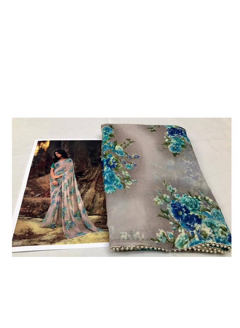 Grab Mantra Light Beige Cream Base Color With Blue Green Floral Print Saree Plus Unstitched Blouse  - Image 3