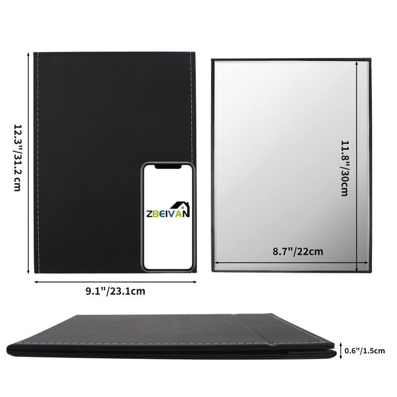 ZBEIVAN 12x9 Inches Extra Large Portable Folding Makeup Mirror, Frameless PU Leather Vanity Mirror with Stand for Desk Table Camping Travel Personal, Black - Image 2