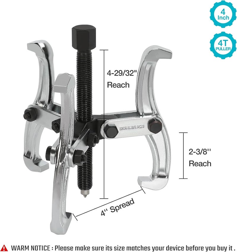 DURATECH 4-Inch 3-Jaw Gear Puller, Removal Tool for Gears, Pulleys, Bearings and Flywheels, Fully Assembled, CR-V Steel - Image 3