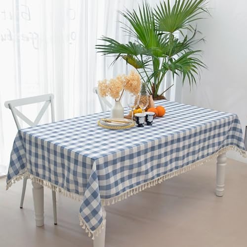 Midsummer Breeze Checkered Rectangle Tablecloth, Cotton Gingham Table Cloth Plaid Table Cover for Spring Summer Picnic Kitchen Dinner Restaurant Easter Party（55x70,Blue - Image 5