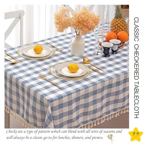Midsummer Breeze Checkered Rectangle Tablecloth, Cotton Gingham Table Cloth Plaid Table Cover for Spring Summer Picnic Kitchen Dinner Restaurant Easter Party（55x70,Blue - Image 2