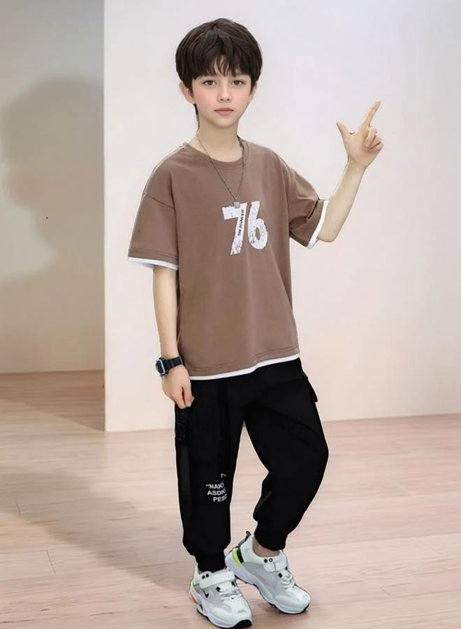 Take Two Boys Beige Number Print T-Shirt and Pants Set