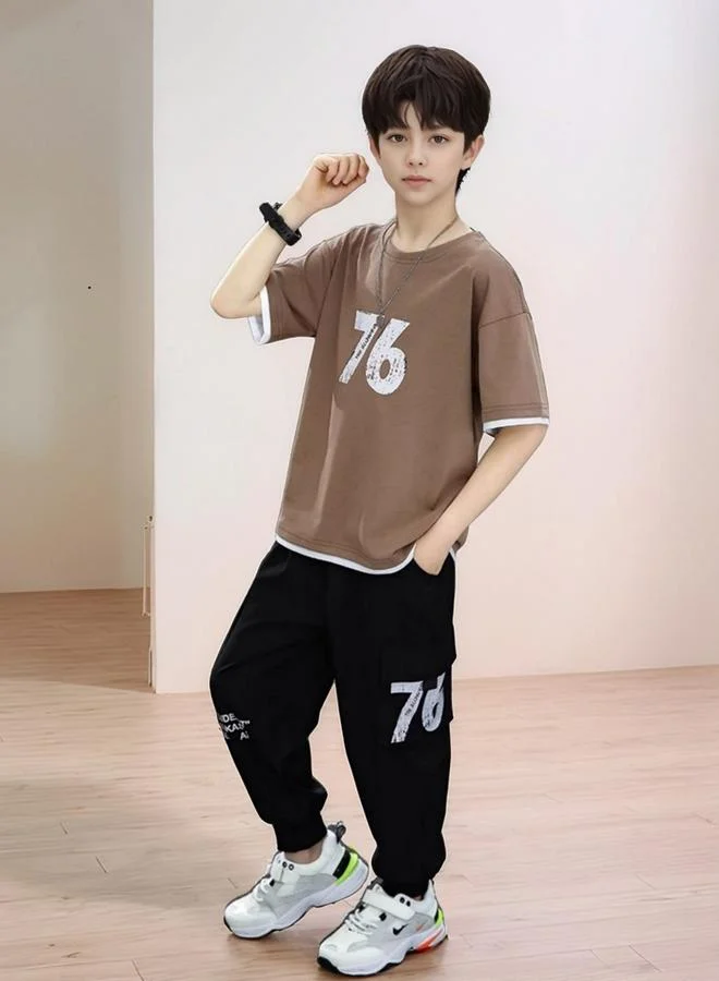 Take Two Boys Beige Number Print T-Shirt and Pants Set
