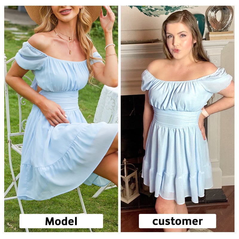 EXLURA Women's Tie Back Square Neck Short Puff Sleeve Casual Dresses A Line Sundress Mini Dress Light Blue - Image 4