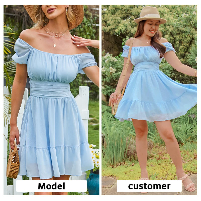 EXLURA Women's Tie Back Square Neck Short Puff Sleeve Casual Dresses A Line Sundress Mini Dress Light Blue - Image 5