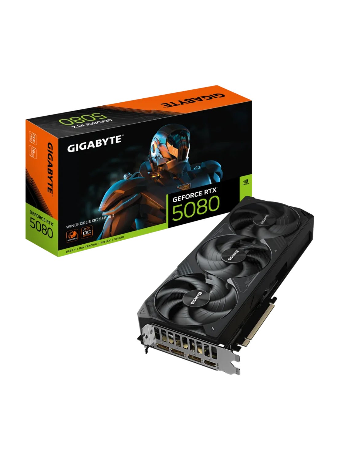GeForce RTX™ 5080 WINDFORCE OC SFF 16GB GDDR7 Graphics Card, 2670 MHz Core Clock, 30 Gbps Memory Clock, PCI-E 5.0, 256-bit Memory Bus, 7680 x 4320 Max Resolution, 4 Multi-view, Dual BIOS (Performance/Silent), WINDFORCE Cooling, HDMI 2.1b & DisplayPort 2.1a Outputs, ATX Form Factor, Includes VGA Holder & 12V-2x6 to 3x PCIe 8pin Adapter | GV-N5080WF3OC-16GD Grey