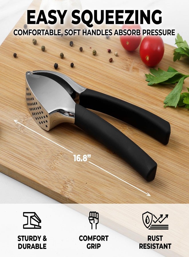 Zulay Kitchen Comfort Grip Garlic Press - Garlic Mincer Tool - Garlic Crusher - Garlic Press Mincer Rust Proof, with Soft Ergonomic Handle, Easy Clean Set with Peeler and Brush - Image 2