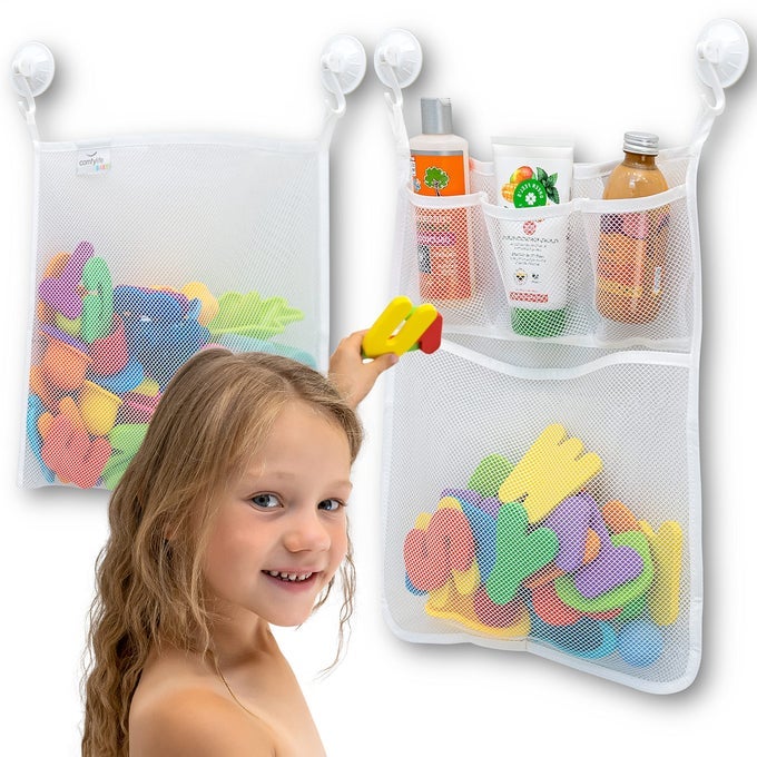 2 X MESH BATH TOY ORGANIZER 8 ULTRA STRONG HOOKS THE PERFECT BATHTUB TOY HOLDER BATHROOM OR SHOWER CADDY THESE MULTIUSE NET BAGS MAKE BABY BATH TOY STORAGE EASY FOR KIDS TODDLERS