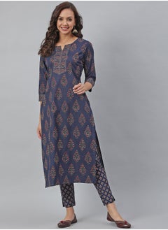 IndHeritage -  Eid kurti set collection - Premium cotton 2pc kurti set - Dark blue colour women's 2pc kurti / kurta  set with floral design - Indian Kurti Set IDH00038