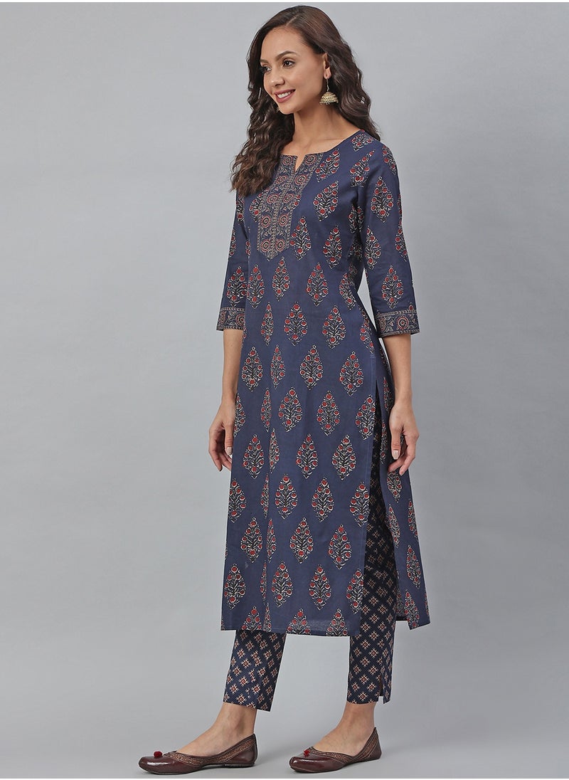 IndHeritage - IndHeritage -  Eid kurti set collection - Premium cotton 2pc kurti set - Dark blue colour women's 2pc kurti / kurta  set with floral design - Indian Kurti Set IDH00038 - Image 1