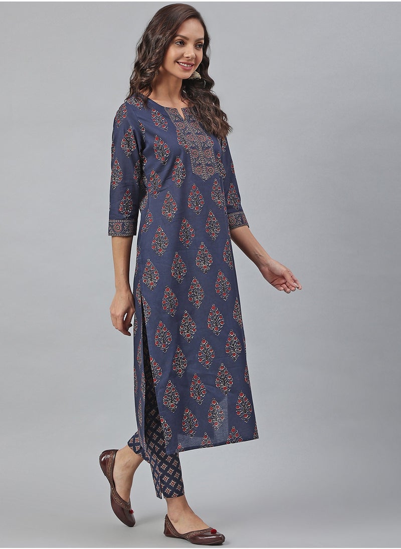 IndHeritage - IndHeritage -  Eid kurti set collection - Premium cotton 2pc kurti set - Dark blue colour women's 2pc kurti / kurta  set with floral design - Indian Kurti Set IDH00038 - Image 1