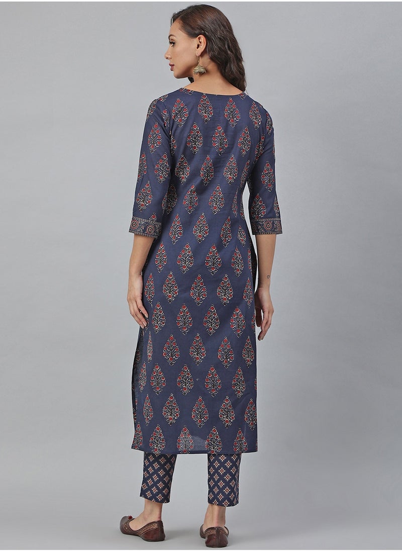 IndHeritage - IndHeritage -  Eid kurti set collection - Premium cotton 2pc kurti set - Dark blue colour women's 2pc kurti / kurta  set with floral design - Indian Kurti Set IDH00038 - Image 1